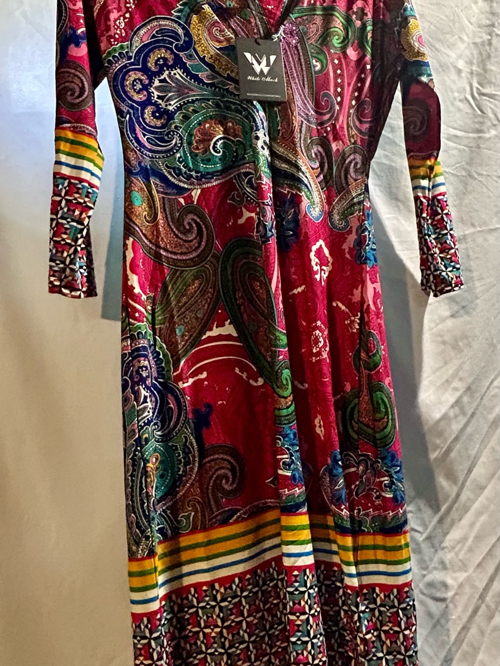 NWT Vibrant Paisley Maxi Dress with Multicolor Stripe Details
